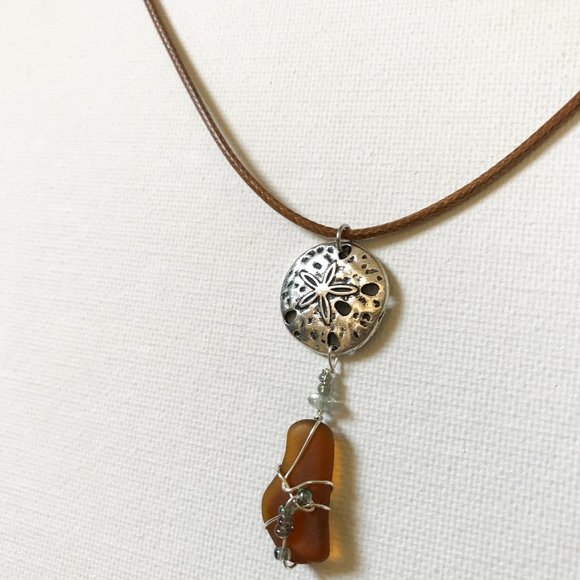 Sterling Silver Sand Dollar Coffee Brown Sea Glass Necklace Ocean Nautical Coast - Picture 5 of 5